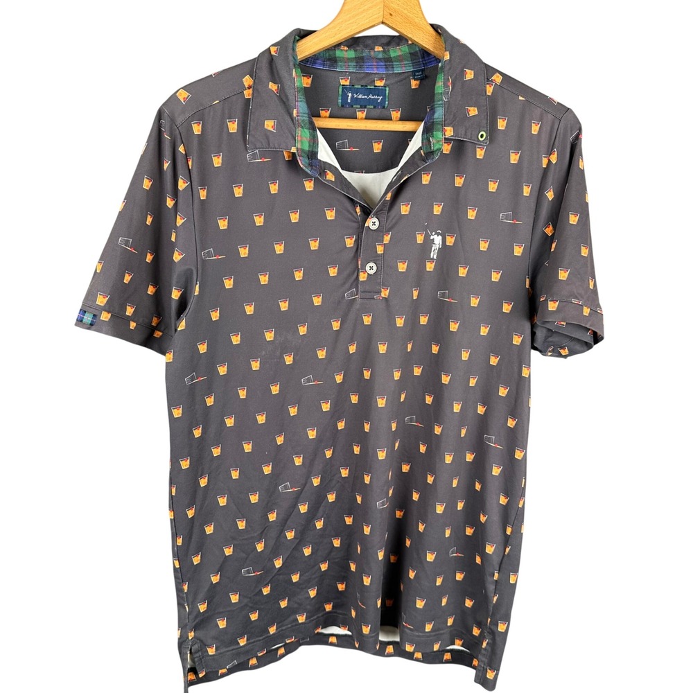 William Murray Mens Golf Polo Shirt Small Gray Cocktail Old Fashioned Plaid Trim